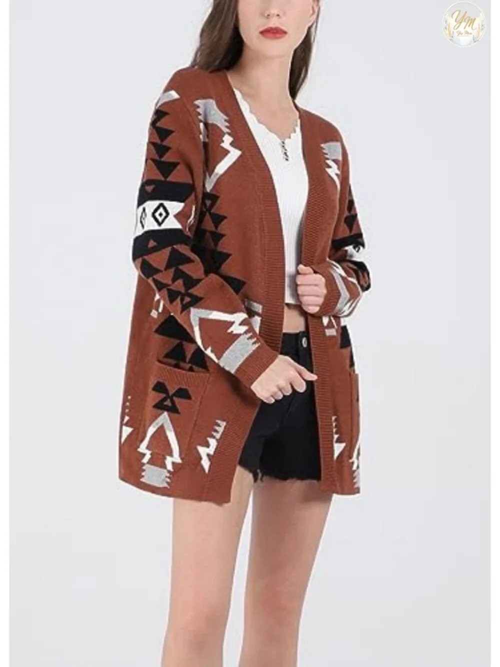 Women's Aztec Print Knit Cardigan Sweater Open Front Long Sleeve Lightweight